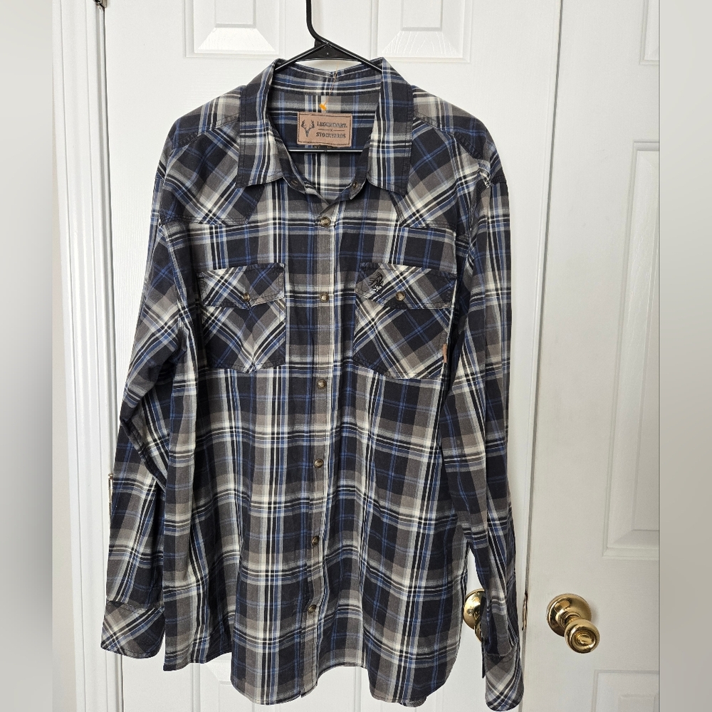Legendary Stockyards Men's Blue Gray Plaid Button Down Snaps Shirt Size XL